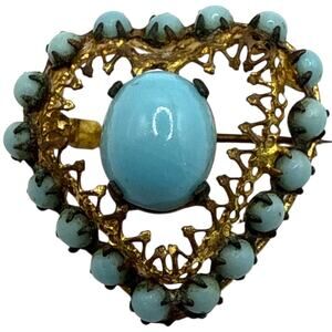 Vintage Antique Czech Signed Glass Heart-shaped Intricate Filigree Brooch RARE